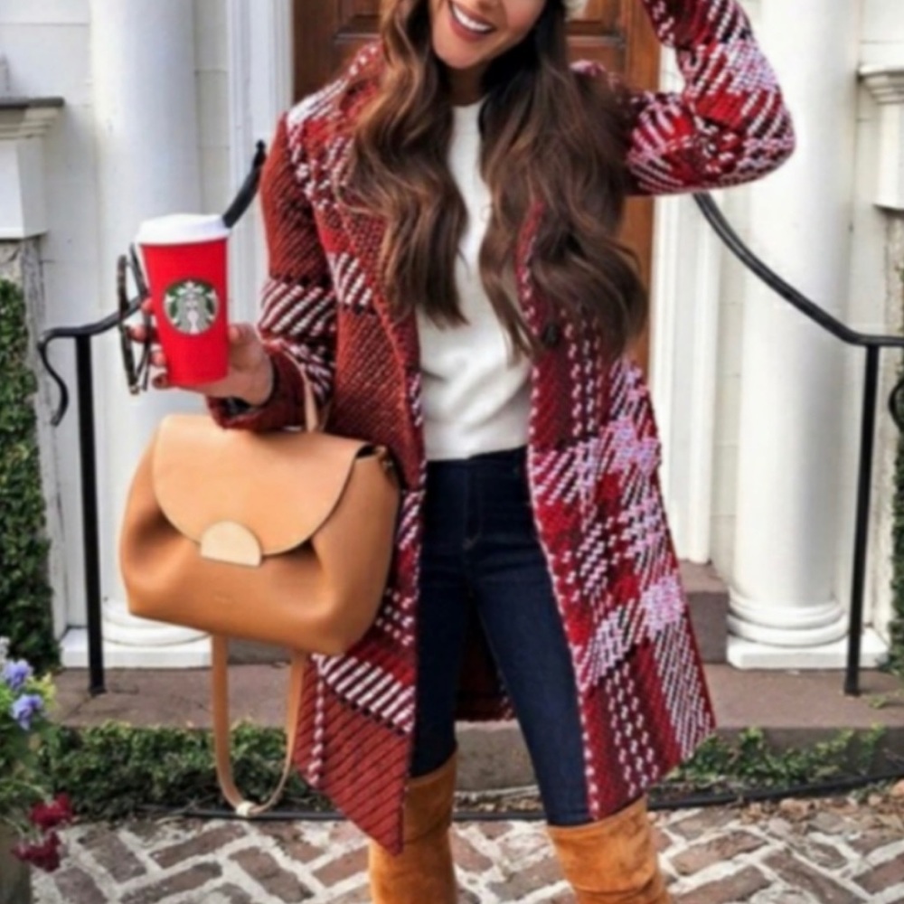 *NWOT* EXPRESS long Red. Pink and burgundy Plaid coat Size: XS